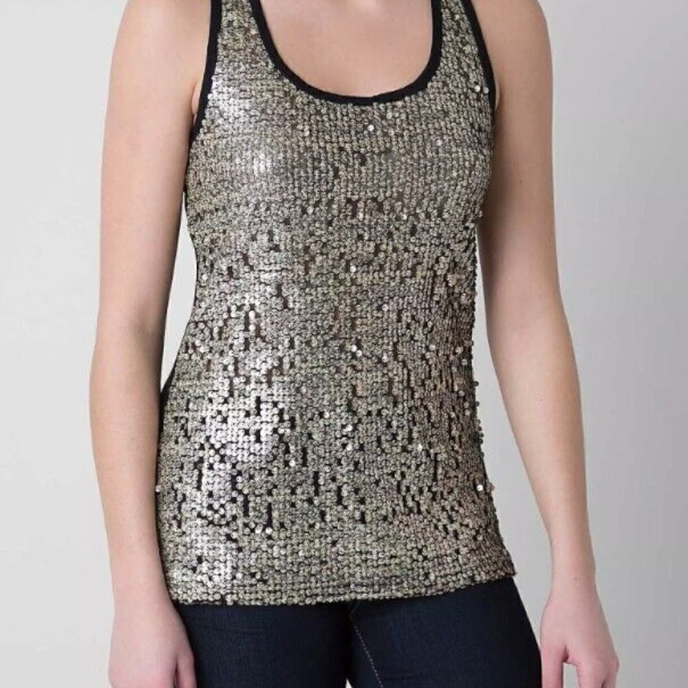 BKE Buckle Gold Racerback Tank Y2K Sequin Mesh Holiday Party New Year's Eve M